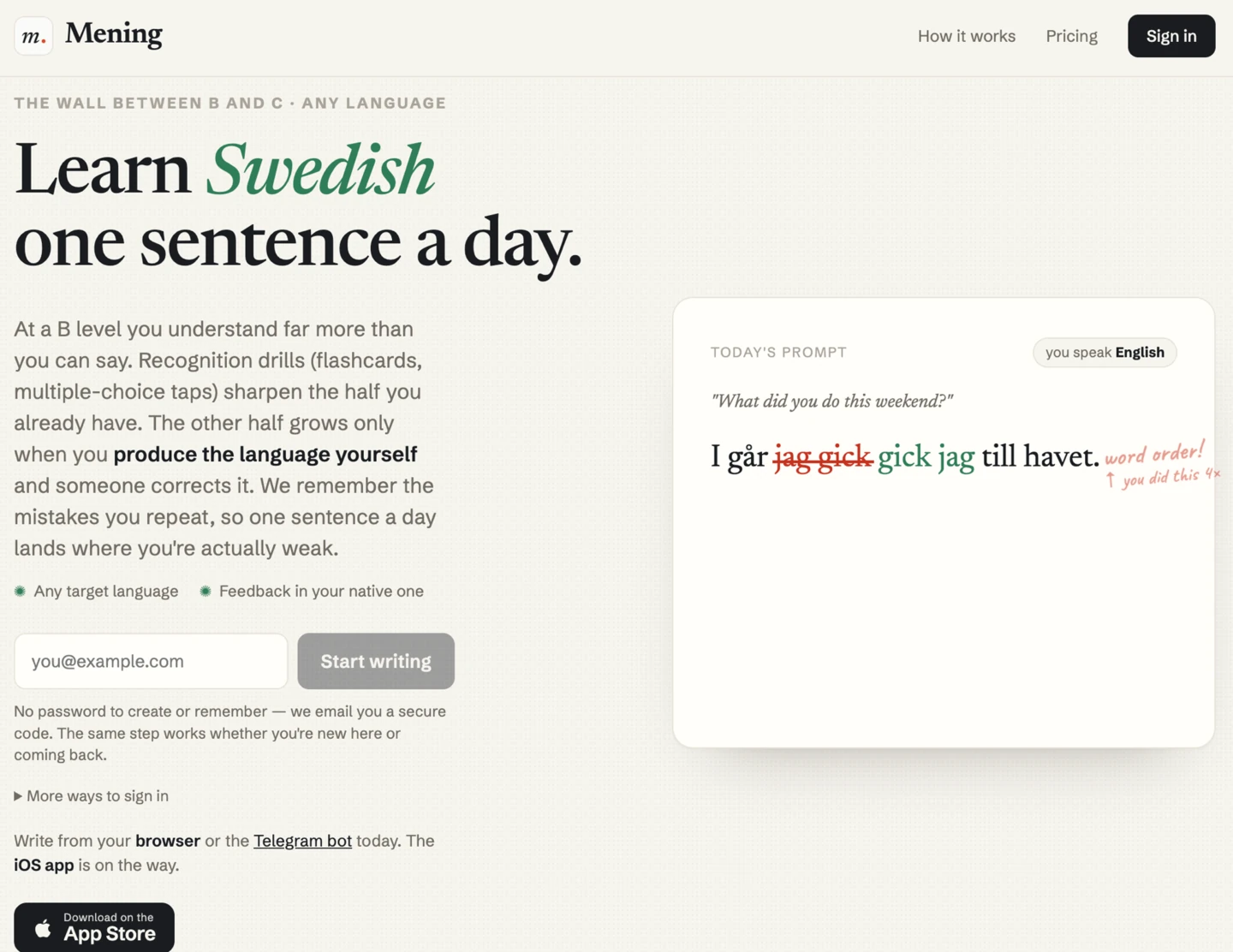 Mening landing page: learn Swedish one sentence a day