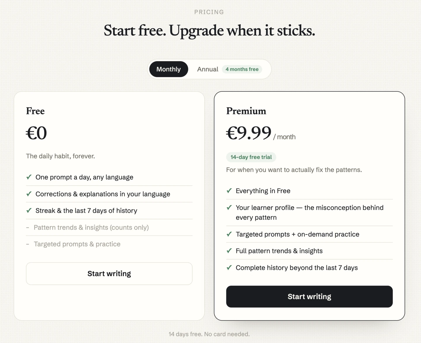 Pricing: free tier keeps the habit, premium buys the memory layer