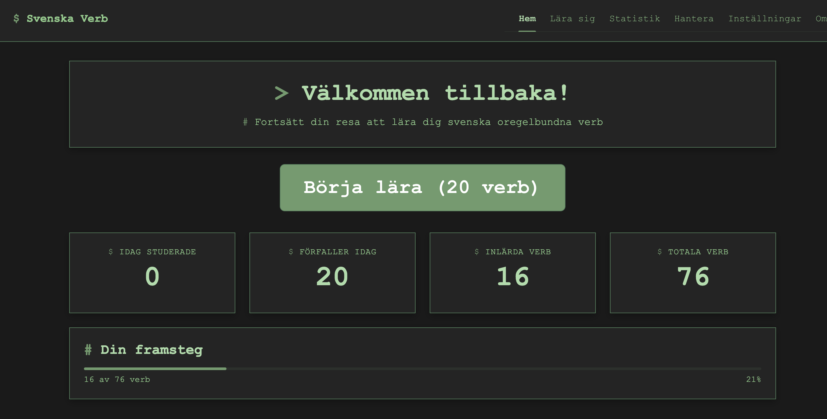 Start / Hem dashboard översikt